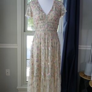 Sz 4 Mac Duggal 35104 Embroidered V-Neck Cap Sleeve Midi Dress Nude Multi